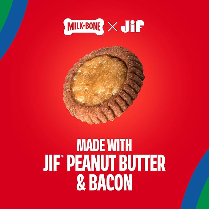 Milk-Bone Soft & Chewy Peanut Buttery Cups, 11.8 Oz. Bag | Filled soft dog treats with Jif peanut butter & real bacon