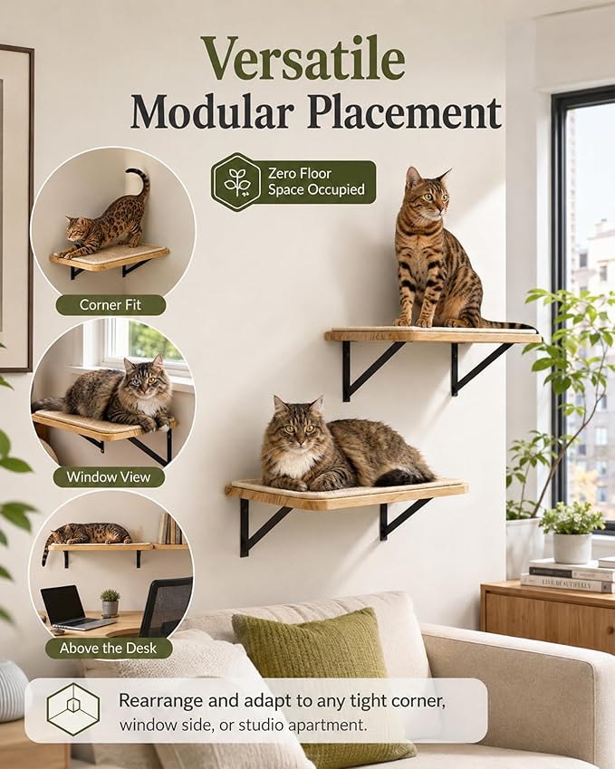 Cat Floating Wall Shelf with Scratching Mat, 1PC, 9.7X16.6 Inch | 1 Inch Thick Wood Board , Wall Mounted, Supports to 30 LBS, For Sleeping, Playing, Climbing
