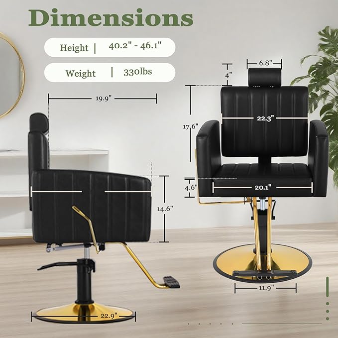 Black and Gold Salon Chair for Hair Stylist, Heavy Duty Hydraulic Barber Salon Chair with Vertical Stitch Design, 360° Swivel, Adjustable Height, Ergonomic Reclining Stylist Chairs for Beauty Salon