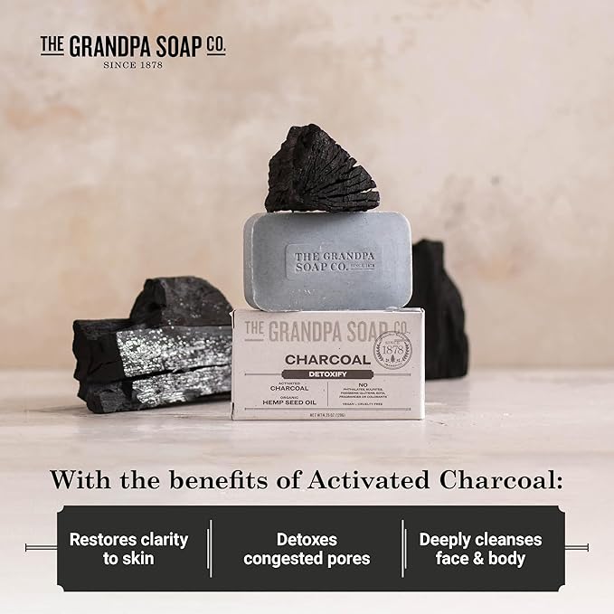 The Grandpa Soap Company Charcoal Bar Soap - With Activated Charcoal Hemp Seed and Mint Oil, Detoxifies, Draws Out Dirt and Toxins, Clear Congested Pores, Vegan, 4.25 Oz, 3 Pack