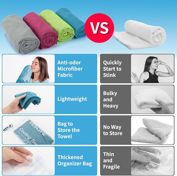 YESLIFE 4 Pack Cooling Towels (40"x12"), Gym Sweat Towels, Cooling Neck Wraps, Soft Breathable Microfiber Towels for Yoga, Running, Sport, Workout, Camping & More (Multicolor)