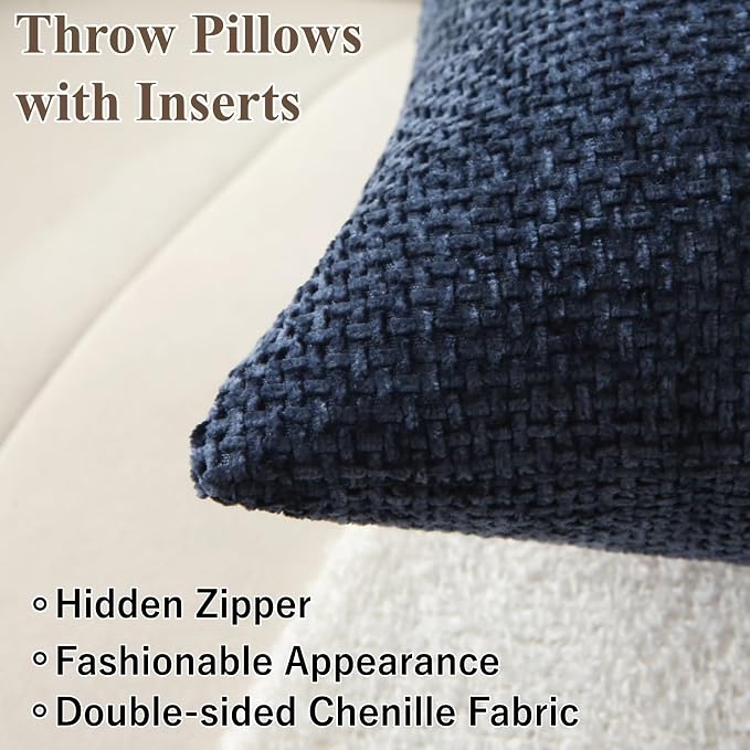 18" x 18" Decorative Throw Pillow with Inserts, Set of 2 Soft Modern Farmhouse Weave Pattern Throw Pillows, Square Boho Pillow for Couch, Bed, Sofa Decor (Navy Blue, 18" x 18"(Pack of 2))