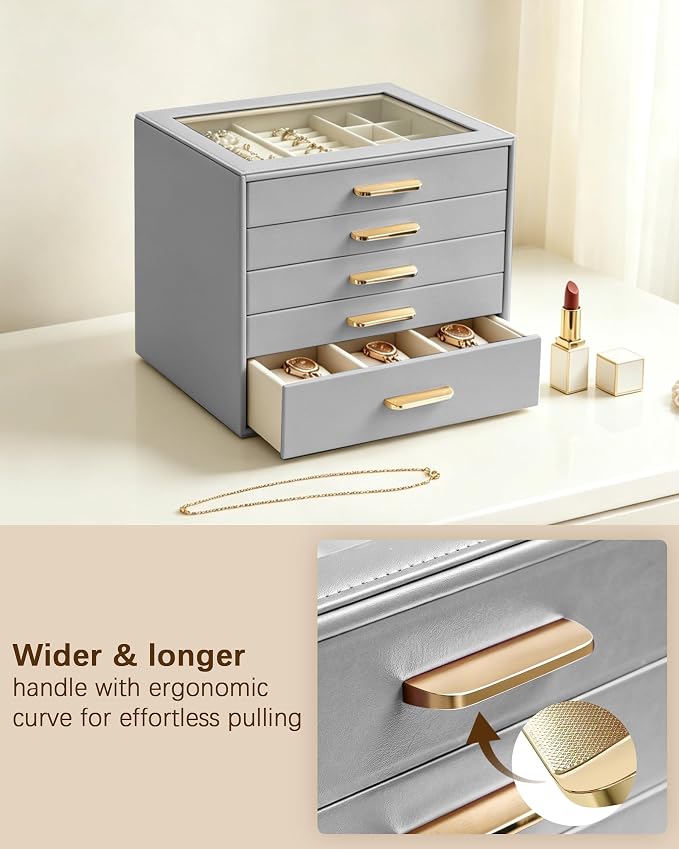 Homeanda Jewelry Boxes Organizer with Glass Lid, 5-Layer PU Leather, Grey | Modern style display case with 5 drawers for daily jewelry, women, mom or girl gift