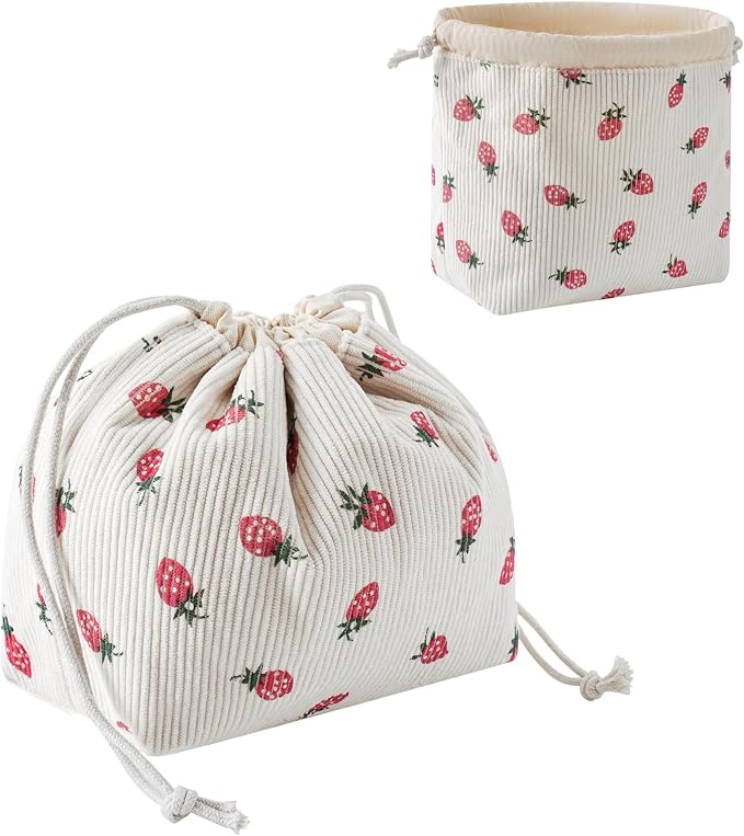 RSRSLEII Aesthetic Corduroy Drawstring Makeup Bag, Cute Coquette Drawstring Cosmetic Bag with Canvas Lining, Strawberry Pattern Travel Makeup Organizer Case for Women Girls(06 Strawberry)