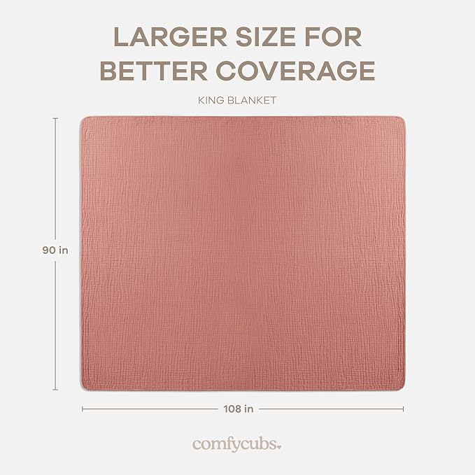 Comfy Cubs Adult Muslin Blanket 108x90” King Swaddle Blankets, Dusty Rose | 6 Layer Soft, Breathable & Lightweight Muslin Adult Blanket - Machine Washable & Designed in the US Bedding for All Seasons
