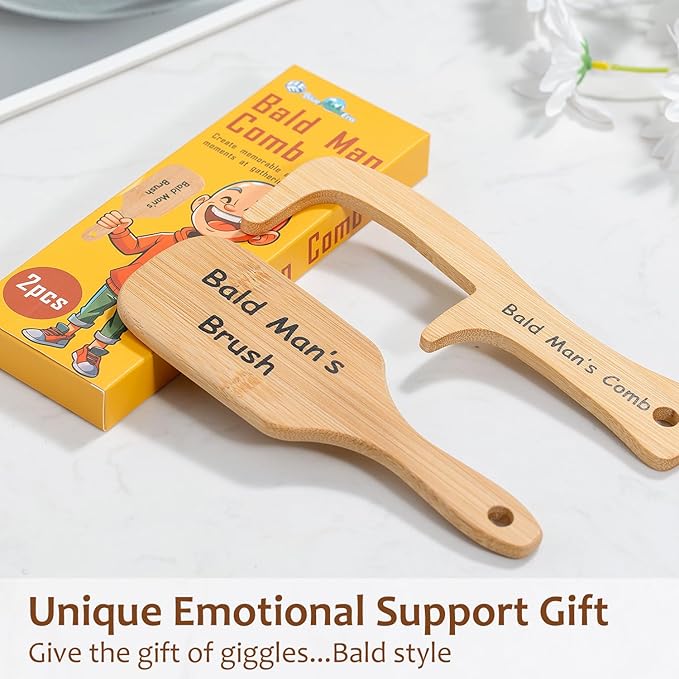 BlueForest Era 2 PCS Bald Mans Comb, Funny Gag Gift No Teeth Head Brush and Comb Set for Bald Men, Wooden Hairless Combing Boss Day Father's Day Over The Hill Party Prank Novelty Gift for Men