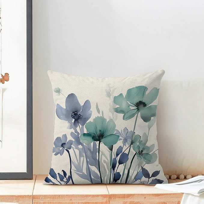 Spring Floral Pillow Covers 18x18 Inches Set of 2 Blue Teal Floral Throw Pillow Cover Outdoor Summer Flower Decoration Pillowcase Farmhouse Decorative Square Cushion Cover for Home Couch Sofa