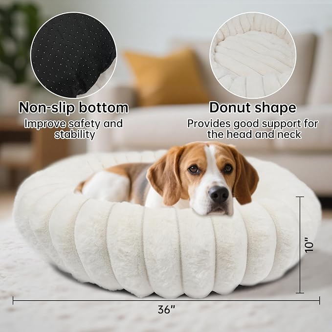 Donut Dog Beds Large Sized Dog Washable Plush Pet Bed,36in White | Cozy Calming Round Cuddler, Fluffy Faux Rabbit Fur, Non-Slip Bottom, Anti-Anxiety, Circle Bed for Large Pets Up to 90 Lbs