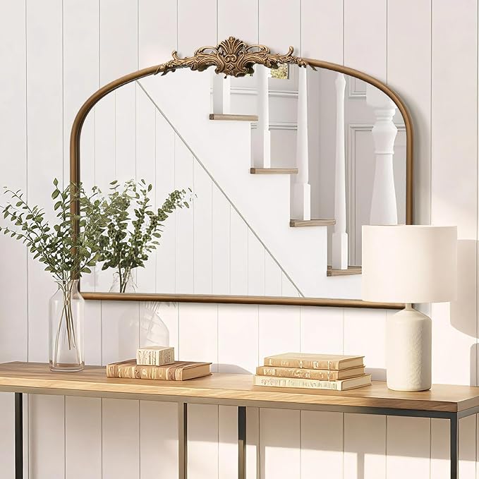 Besdomus Antique Gold Wall Mirror: 32"x24" French Brass Decorative Mirrors | Vintage Baroque Ornate Arched Metal Framed for Mantel/Hallway/Bathroom Vanity/Bedroom - Ideal Gifts for Anniversary/Birthday