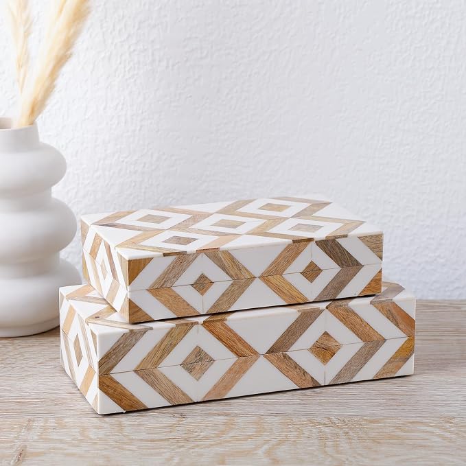 Handicrafts Home White Decorative Storage Box with Lid Wood Remote Control Box Coffee Table Storage Box Remote Holder for Living Room Decor – Resin Inlay Marquet Array Collection - 8x5x2
