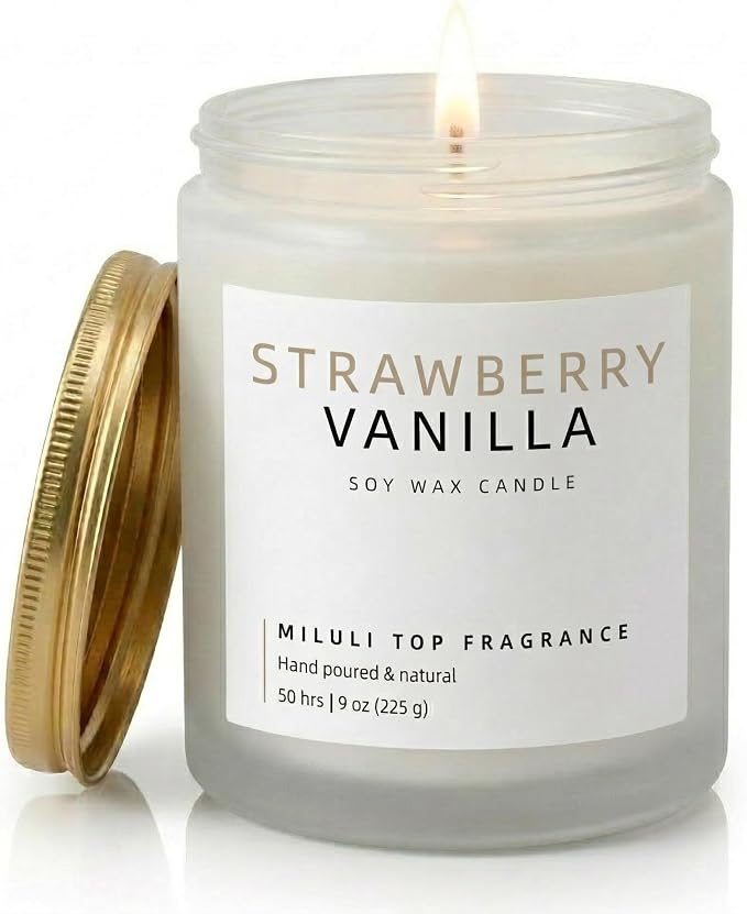 Strawberry Vanilla Scented Candles for Home - 15% Essential Oil Luxury Aromatherapy - Handmade Natural Soy Wax Candle for Relaxation - 9oz Frosted White Jar,50H Clean & Non-Toxic Burn