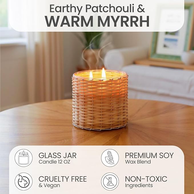 Myrrh Wood Scented Candle – Luxury 12oz Soy Wax, 2-Wick Handwoven Glass Jar, Earthy Patchouli and Myrrh with Warm Amber and Sandalwood – Santal Candle, 75+ Hour Clean Burn, USA Made