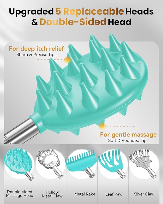 Upgraded Reinforced Telescoping Back Scratcher with 5 Detachable Heads, Larger Scratching Tips, Stocking Stuffer & White Elephant Gifts for for Men Women Adults
