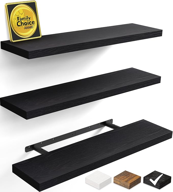 BAYKA Black Floating Shelves 35.4in, Set of 3, Wall Mount Rustic Wood Shelf | Easy Install, 30lbs Max Load, Hidden Bracket, for Bathroom Bedroom Kitchen Display Storage Decor, Multi-Wall Compatible