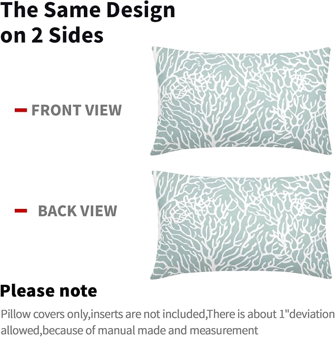 Nautical Coastal Coral Lumbar Pillow Covers 12x20 Inch Set of 2 Summer Ocean Beach Seafoam Blue Decorative Pillow Cases Outdoor Linen Cushion Cover Farmhouse Decor for Bedroom Home Sofa Couch Bed