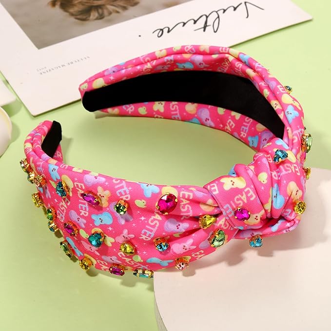 mokkia Easter Headbands Beaded Rabbit Bunny Headband for Women Pink Spring Knotted Headband Easter Hair Accessories Gifts