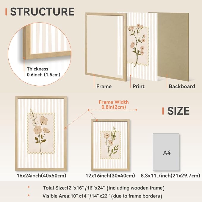 OPFDE Wood Framed Botanical Wall Art Set of 3, Neutral Wildflower Wall Decor, Minimalist Beige Stripe Poster Print, Vintage Cottagecore Farmhouse Floral Artwork for Living Room Bathroom 16x24 Inch