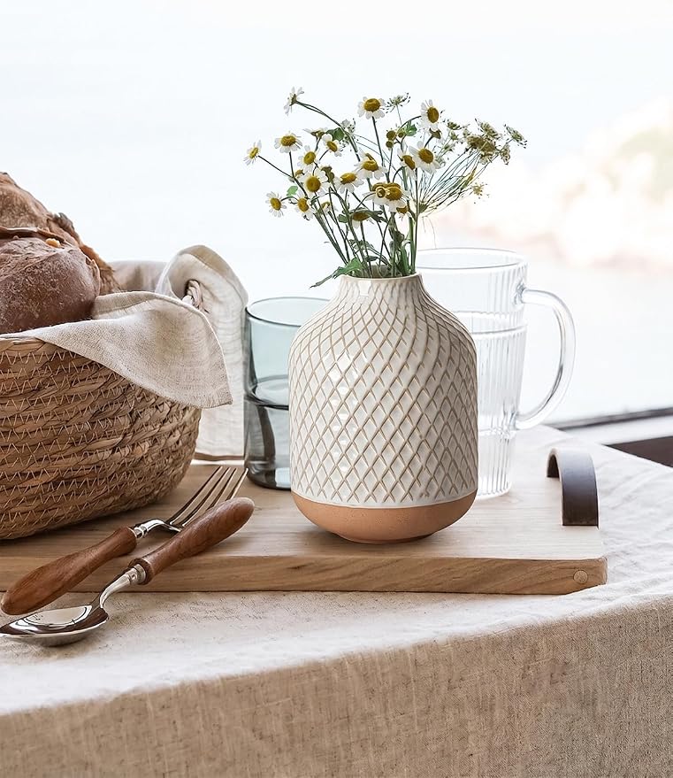 Small Boho Vase for Decor,Rustic Farmhouse Vase for Pampas Grass,Eucalyptus Set and Tiny Stem Flowers,Ceramic Vintage for Centerpieces, 5.3 Inch -Rhombus, Embossment