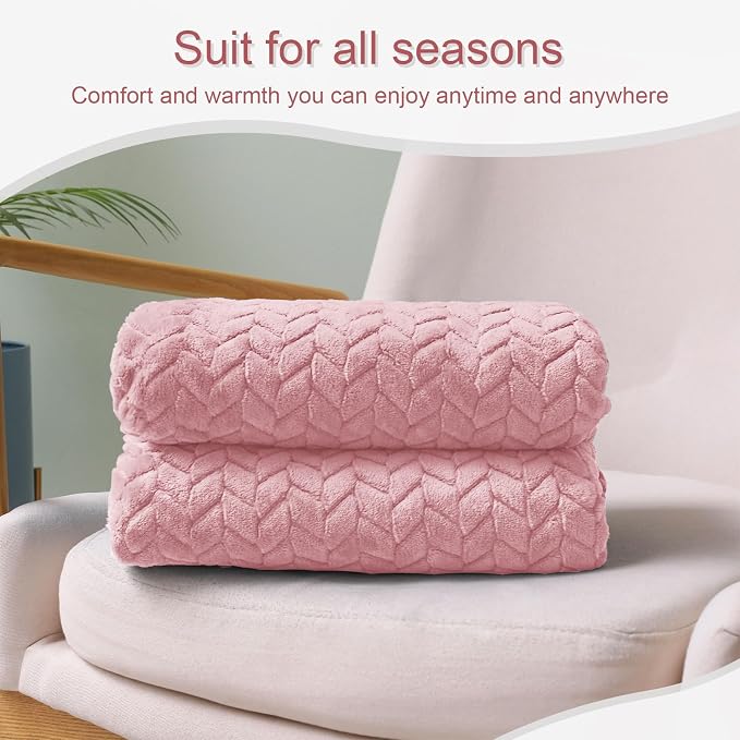 Exclusivo Mezcla Fleece Pink Throw Blanket for Couch Sofa Bed, 50”x70” | Oversized Soft Cozy Fluffy Blankets for Summer, Decorative Plush Flannel Throws for Living room, Bedroom with Leaves Pattern
