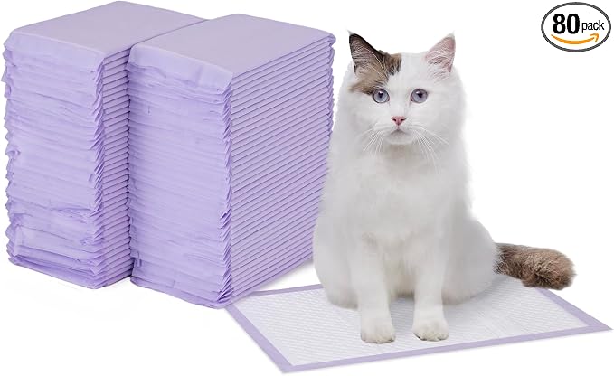 Amazon Basics Cat Pee Pads, Odor Control, Super Absorbent, Disposable, Universal Fit for Litter Box, Lemon Scent, Multi Cat, White/Purple, 80 Count