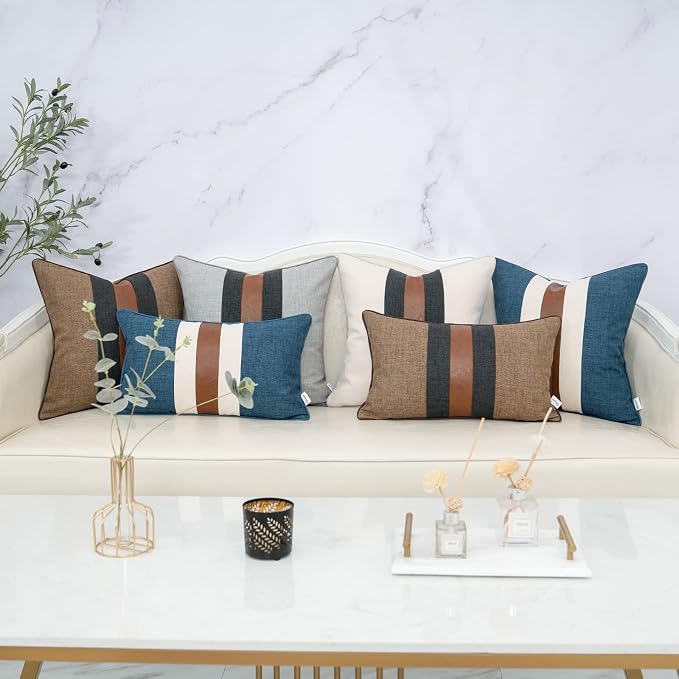 Patchwork Pillow Cover 12x20 Inch Luxury Cotton and Linen Cushion Cover Faux Leather Pillowcover for Couch Bedroom Living Room, Gray