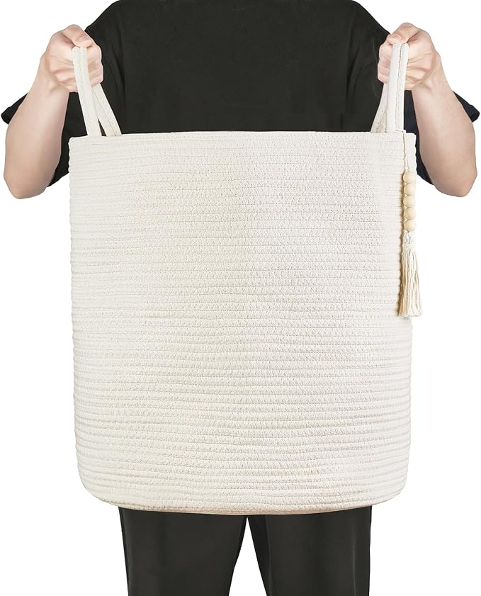 Mkono Woven Storage Basket for Blanket, Toys Plant Organizer, 15"W x 17.7"L | White, Cotton, Decorative Basket with Handle, Wood Beads Tassel, Shoes Towel Clothes Storage Bin, Living Room Bedroom Nursery