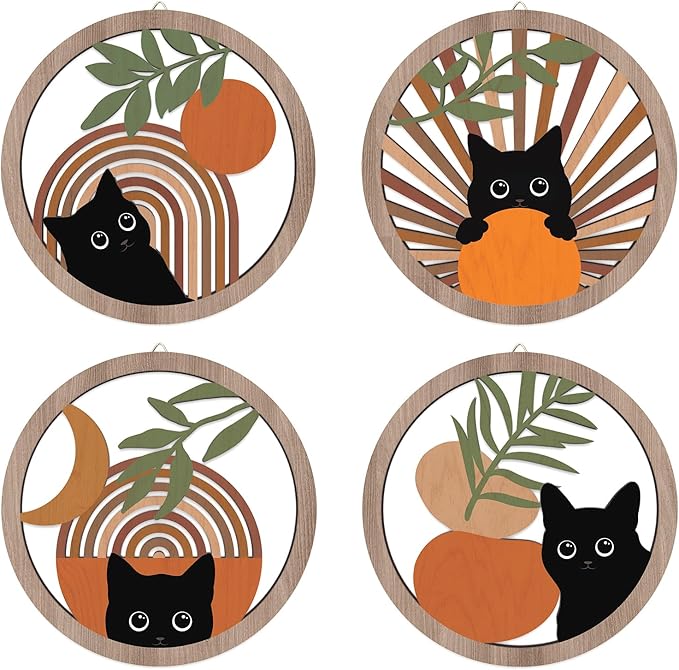 HPNIUB Abstract Mid Century Boho Black Cat Wall Decor-4 Pieces 10''x10'' | Farmhouse Geometric Hanging Wooden Wall Art,Bohemian Moon and Sun Wood Sign for Nursery Bedroom Decoration, Lovely Cat Gifts