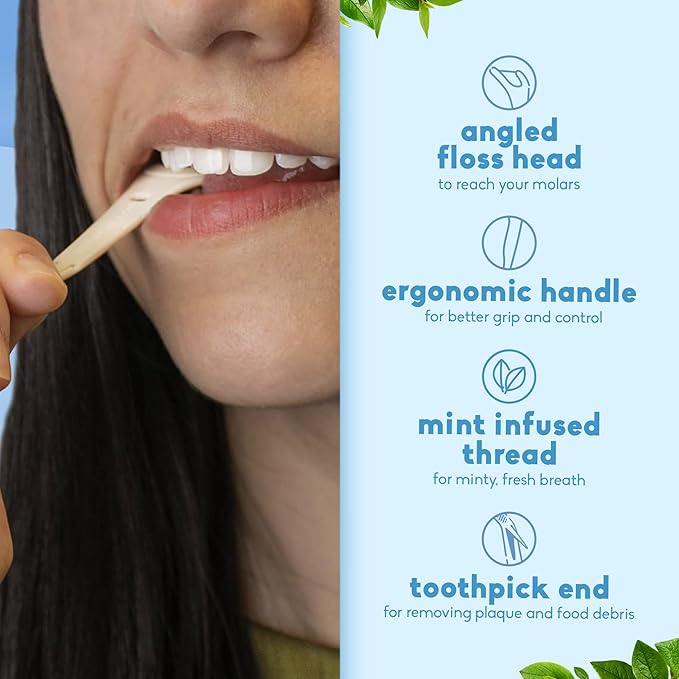 The Humble Co Molar Floss Picks for Teeth, 200 Count (Mint) - Angled Dental Flossers with Extended Reach for Molars & Back Teeth - Plant-Based Floss for Interdental Oral Care, Hygiene & Gum Health