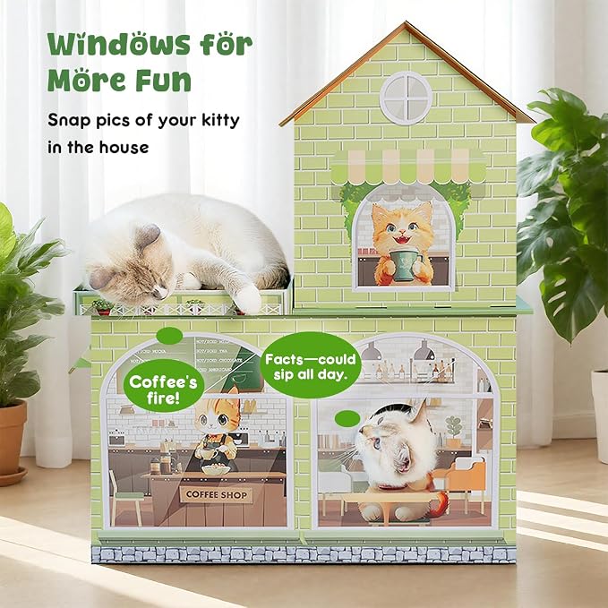 Cardboard Cat Houses for Indoor Cats Kitten Scratcher Houses Cafe Themed | Cat Condos Hut Hideout Play House Bed with Scratching Pads, Scratch Box for Large Kitty Rabbit Bunny Small Animals