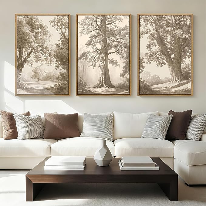 Vintage Tree Canvas Wall Art Framed Rustic Tree Landscape Sketch Antique Painting Neutral Forest Wall Decor 24x36 Inch Farmhouse Botanical Set of 3 for Living Room Bedroom