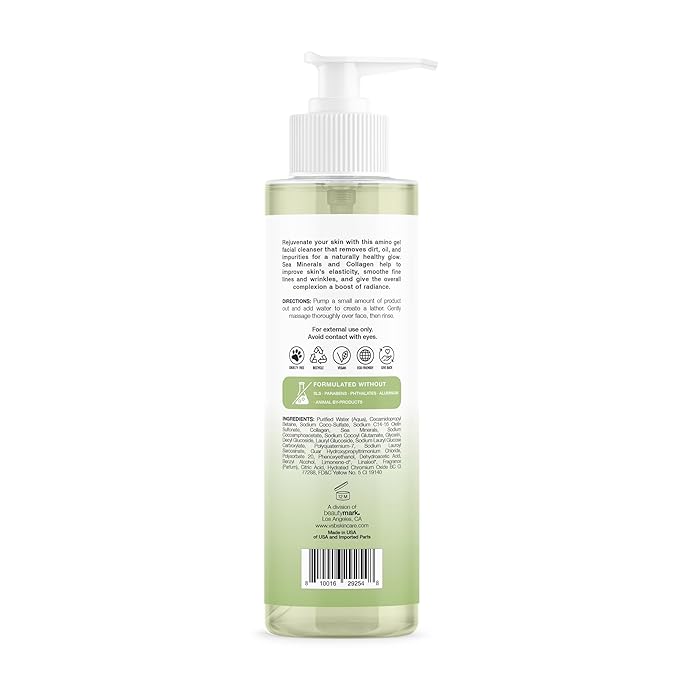 Amino Gel Facial Cleanser with Sea Minerals & Collagen – Radiance, Oil Control, and Elasticity – Vegan, Paraben-Free, 8 fl oz