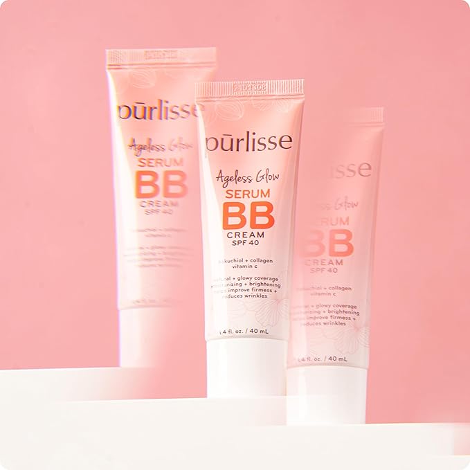 pūrlisse Ageless Glow Serum BB Cream SPF 40 - Glow BB Cream with SPF Enriched with Bakuchiol & Vitamin C to Help Improve Firmness & Reduce Wrinkles for Dewy Skin - Light Medium (1.4 oz)
