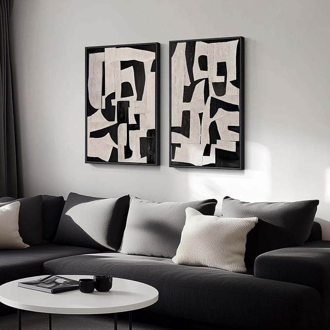 Large Framed Black and Beige Abstract Wall Art, Set of 2 Piece Minimalist Canvas Paintings Artwork for Walls, Modern Art Prints Pictures for Living Room Hallway Dining Room Bedroom Office Wall Decor
