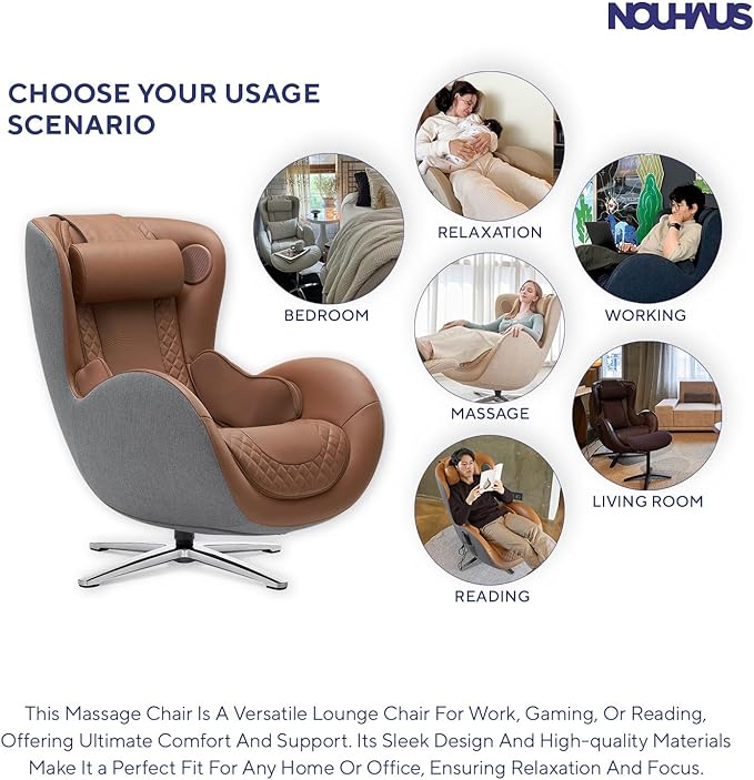 Nouhaus Classic Massage Chair with Ottoman – Caramel Leather Recliner with Percussive Shiatsu Massager, Built-in Speaker & Full Body Spot Massage – Ultimate Comfort for Home & Office