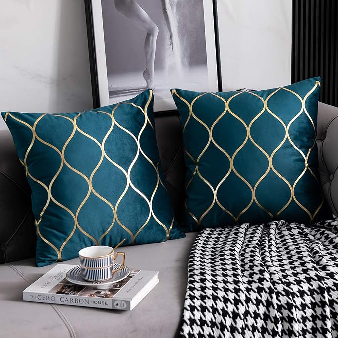 26x26 Inch Gold Velvet Euro Sham Pillow Covers: 2 Pack Square Decorative Pillow Cases for Bedroom Sofa Couch Living Room, Teal Christmas