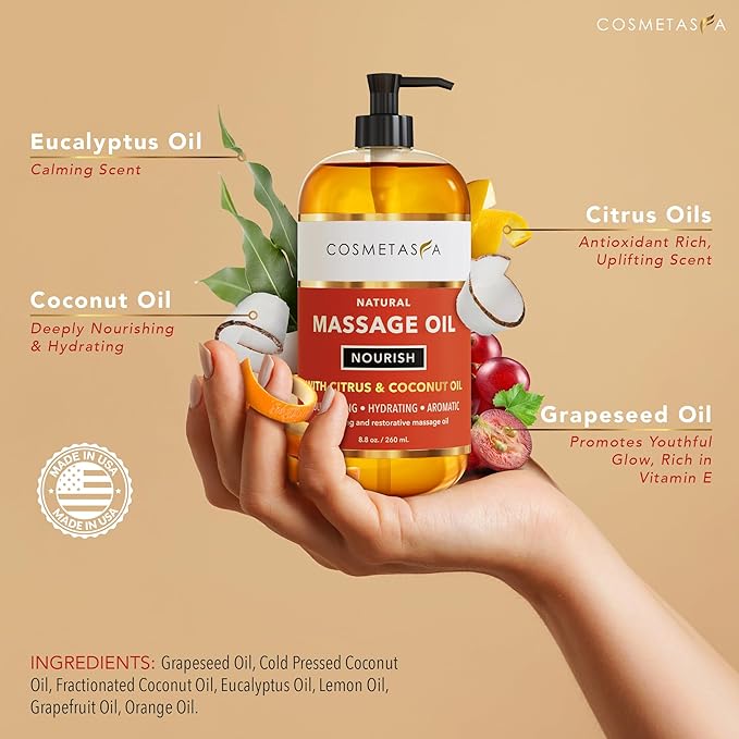 Cosmetasa Massage Oil Spa Gift Set for Women – Relaxing Lavender, Warming Arnica & Nourishing Citrus & Coconut Oils – Includes Roller Ball, Thumb Saver & Hot Stones – Self Care Kit & Body Massage Oils