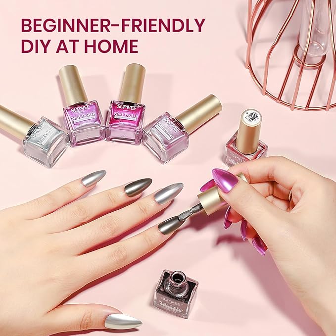 Metallic Nail Polish Set, Mirror Nail Polish Non Gel Quick Dry & High Gloss Chrome Effect Mini Air Dry Nail Lacquer Fingernail Toe Nails for Women Girls Manicure Salon DIY Home