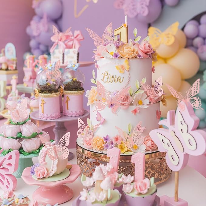 SAOROPEB 3D Butterfly Wall Decor 48 Pcs Pink Butterfly Decorations | 4 Styles 3 Sizes, Birthday Decorations Pink Room Decor Butterfly Party Decorations Cake Decorations, Removable Wall Stickers