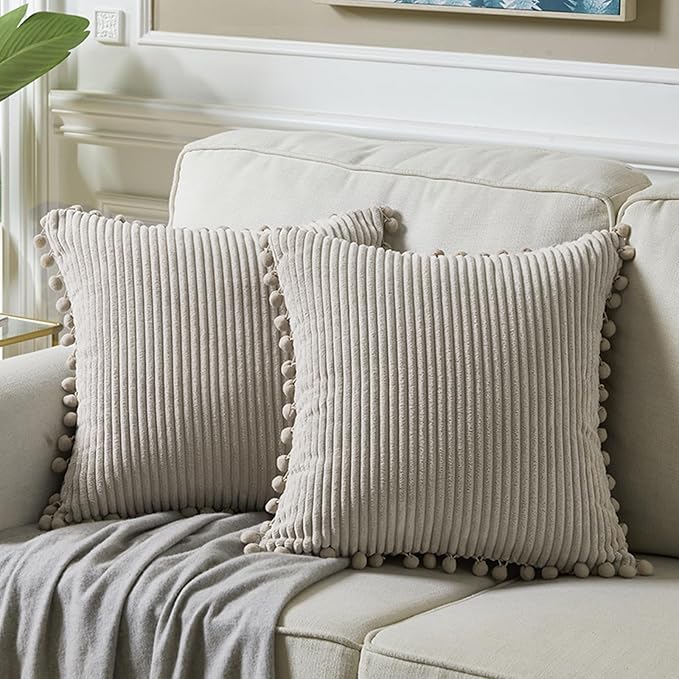Fancy Homi 2 Packs Neutral Taupe Decorative Throw Pillow Covers 16x16 Inch with Pom-poms for Couch Bed Sofa, Aesthetic Modern Organic Farmhouse Boho Home Decor, Soft Corduroy Cute Accent Cushion Case