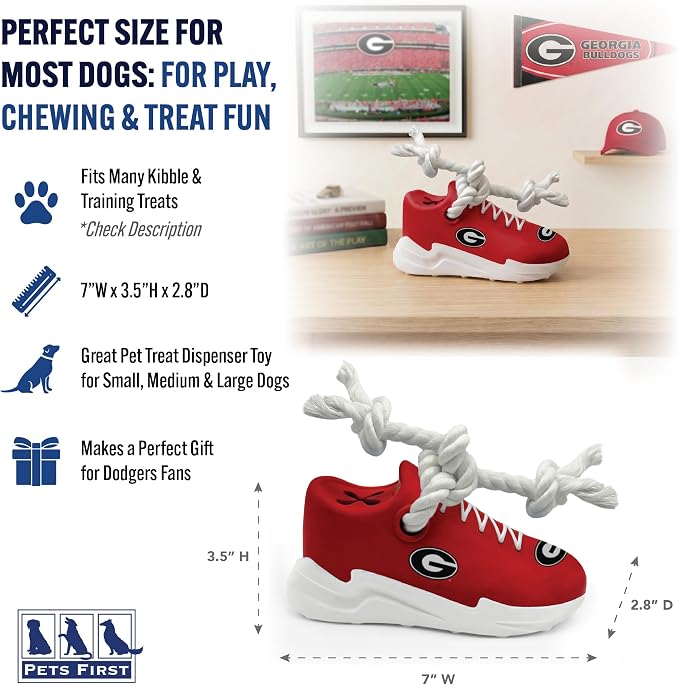 NCAA Georgia Bulldogs Cleat Sneaker Spike Dog Toy, Treat Dispenser Chew Toy for Dogs, Interactive Rope Tug Toy, Slow Feeder Natural Rubber Dog Toy with Official Team Logo for Puppies & Adult Dogs