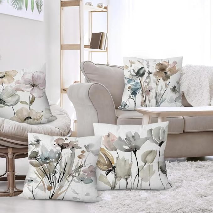 Watercolor Floral Throw Pillow Covers 20x20 Set of 6, Nature Home Decor | daisy Floral, decorative cushion cover, Breathable Linen, large Throw Pillow Size, modern Decor, Couch Sofa Living Room