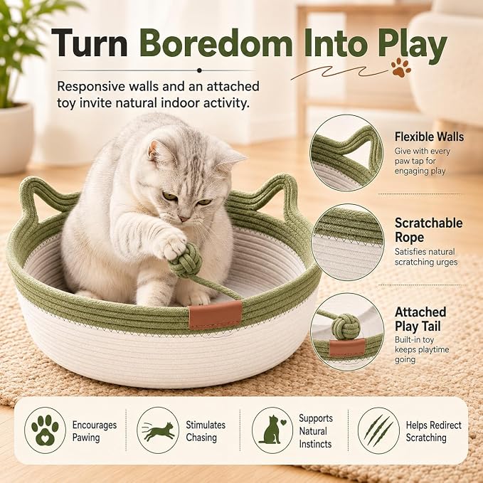 Instinct Basket for Cats - Handwoven Cotton Rope Enrichment Bed with Attached Toy Tail, Scratchable Interactive Pet Nest Features Flexible Walls to Fight Boredom & Protect Furniture (Green, S)