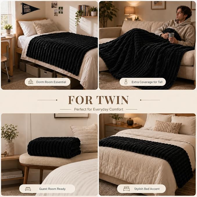 HIMEET Black Twin Blanket for Bed, 300GSM Ribbed Fleece, 60 x 80 Inches | Ultra Soft Flannel, All-Season Lightweight Warmth, Bed Layering Pick & Dorm Essential, Gift for Men & Women, Machine Washable