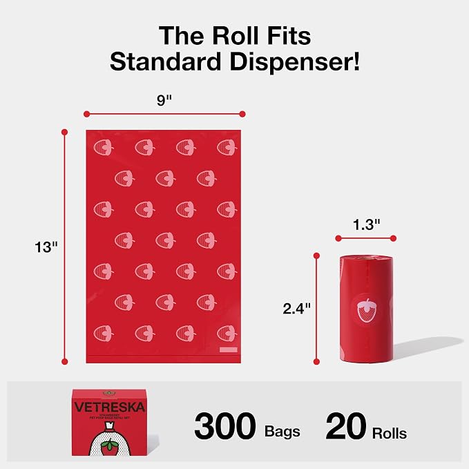 VETRESKA Strawberry Scented Dog Poop Bags, Leak Proof, 300 Counts | Extra Thick and Large Pet Waste Bags for Dogs Walking and Cat Litter, 20 Rolls