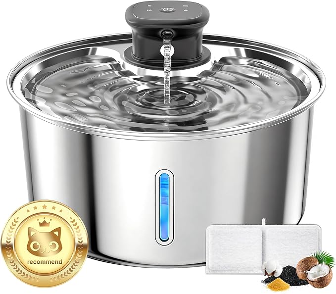 Wireless Cat Water Fountain,3.2L Stainless Steel Battery Operated | 1 Pack Filters | Cordless & Rechargeable | Motion Sensor | BPA-Free | DishwasherSafe | 20dB Ultra-Quiet | 108oz capacity