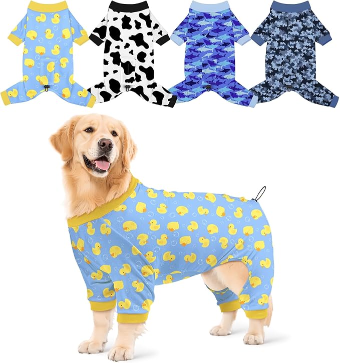 Bienbee Dog Pajamas, 4 Pack Adjustable Onesies for Small to Large Dogs 2XL | Dog Shedding Suit with Soft Fabric, Breathable & Stretchy, and Adjustable Back Length for Sleeping Lounging and Daily Use