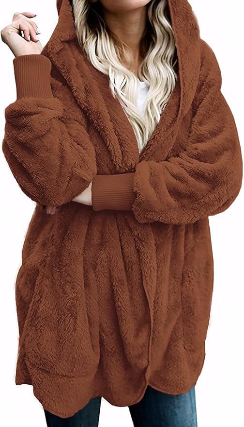 Zilcremo Women Hooded Cardigan Fuzzy Jacket Winter Open Front Fleece Coat Outwear with Pockets