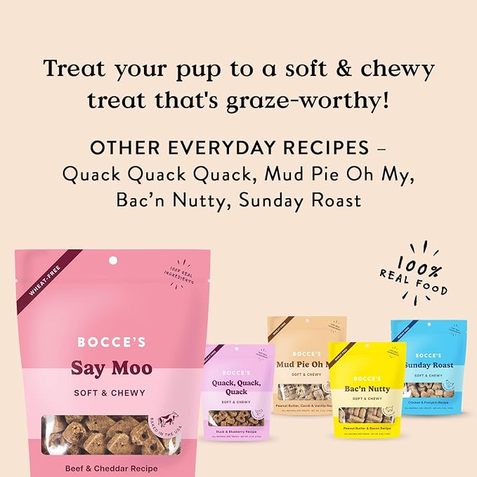 Bocce's Bakery Say Moo Soft & Chewy Dog Treats, Beef & Cheddar Flavor, 6 oz | Oven Baked, Wheat-Free Everyday Dog Treat Cookies - Made with Real, Limited Ingredients and Baked in The USA