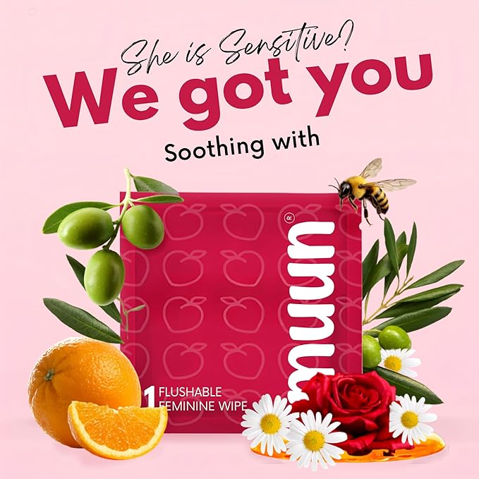 Muun Feminine Wipes Flushable - 50 Counts Individual Vaginal Wipes Ph Balance, Anti Itch Deodorant Hygiene Wrapped Personal Cleansing, Wet Wipes for Intimate, Butt