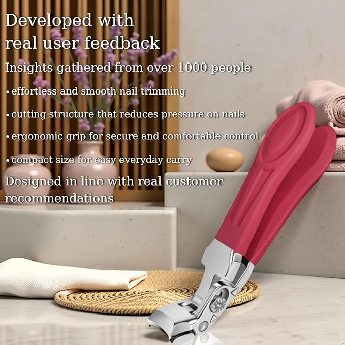 Professional Ruby Red Angled Nail Clippers for Seniors – 5'' Elegant Thick Toenail Clipper with Nail File, Ultra-Sharp Blades, Nail Catcher, Easy Grip & Safe Home Manicure & Pedicure Care Tool